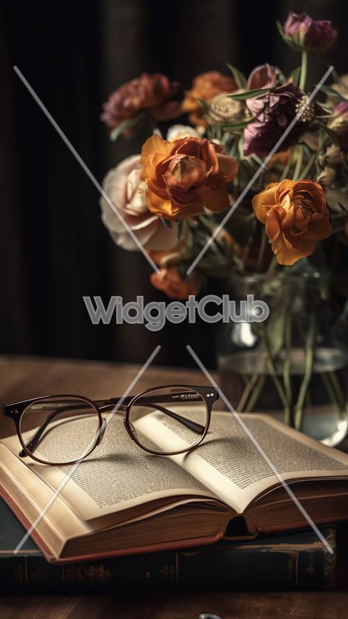 Cena de leitura elegante com flores e óculos