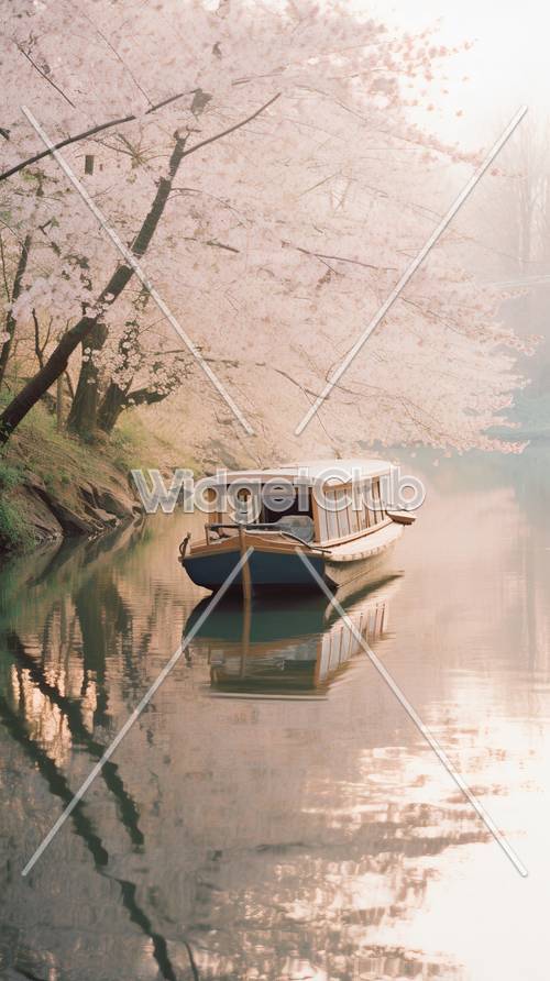 Цветущая вишня и речная лодка весной