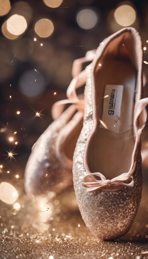 A pair of ballet shoes sprinkled with sparkling brown glitter.