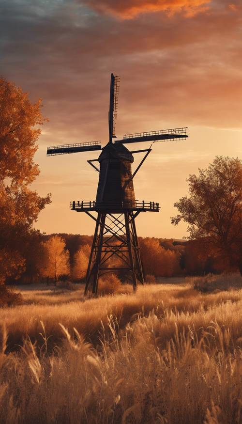 Ветряная мельница, стоящая на фоне западного заката осенью.