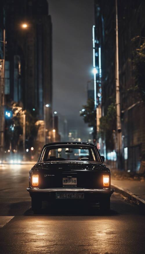 Sebuah mobil hitam modern diparkir di jalan gelap yang kosong dan diterangi oleh lampu-lampu kota di kejauhan.