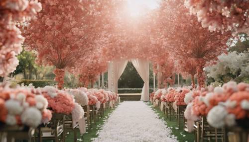 An aisle of coral blossoms leading to a wedding altar in a garden.