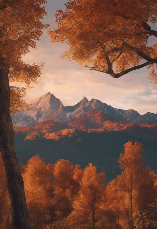 A stunning vista of a mountain range at sunset, with autumn trees in the foreground