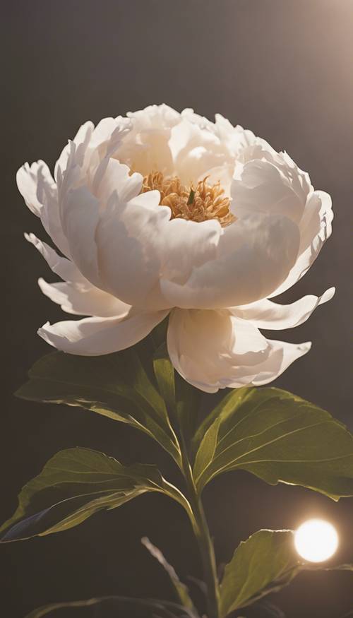 A single cream-colored peony in full bloom under the soft glow of moonlight.