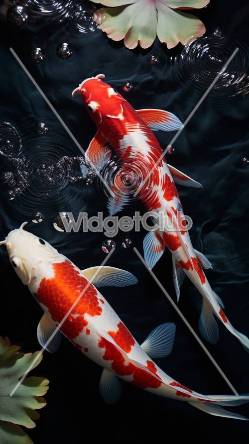 Colorful Koi Fish Swimming in Dark Pond