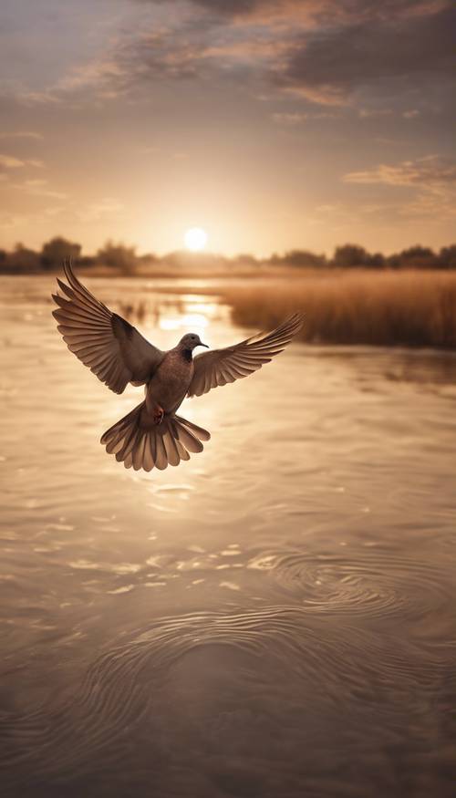 A wide brown river with a lonely dove flying over it during a tranquil sunset. Tapet [d97d2a5daa0e4f8fbaba]