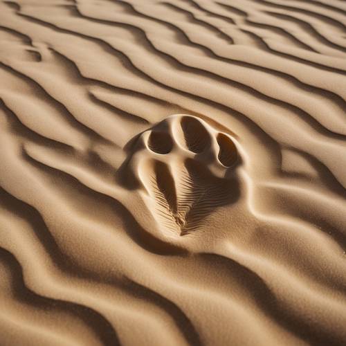 Detailed and realistic sand imprint of a camel's paw left during a desert storm.