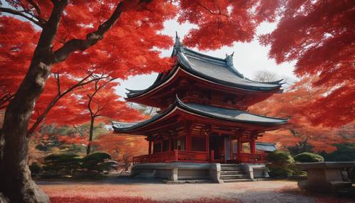 Un sereno templo japonés ubicado entre vibrantes arces rojos.