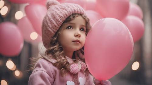 A charming little girl holding a pink balloon decorated with white hearts.