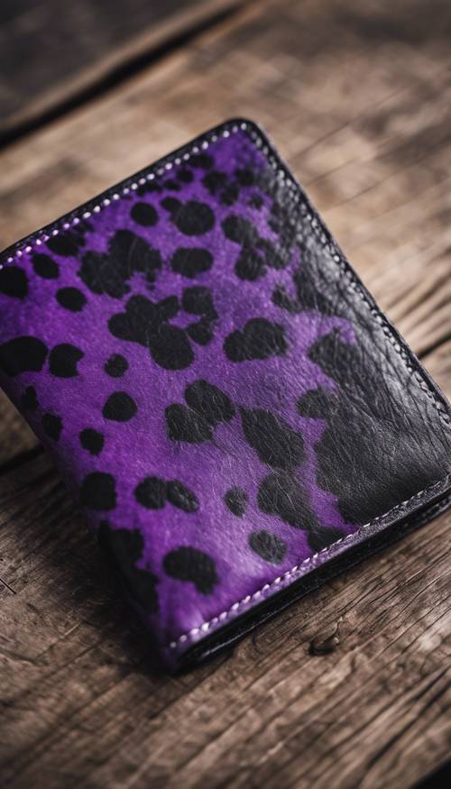 A purple and black cow print wallet, showing off its unique texture.