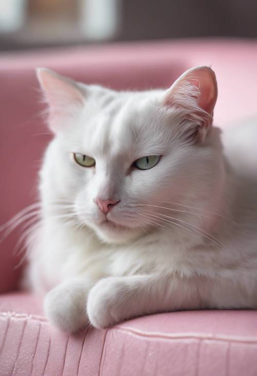 Белый кот мирно спит на розовом диване.