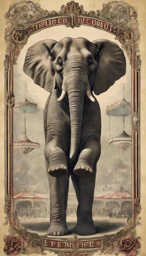 Antyczna ilustracja przedstawiająca wiktoriańskiego słonia cyrkowego wykonującego sztuczki.