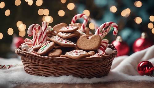 Una canasta de galletas de jengibre recién horneadas y bastones de caramelo, sobre un fondo festivo.