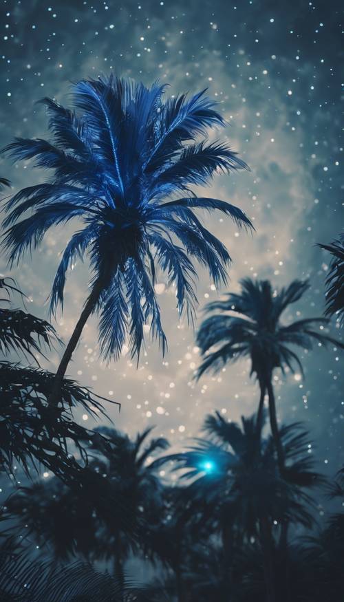 Uma cena surreal de uma palmeira azul com folhas brilhando ao luar.