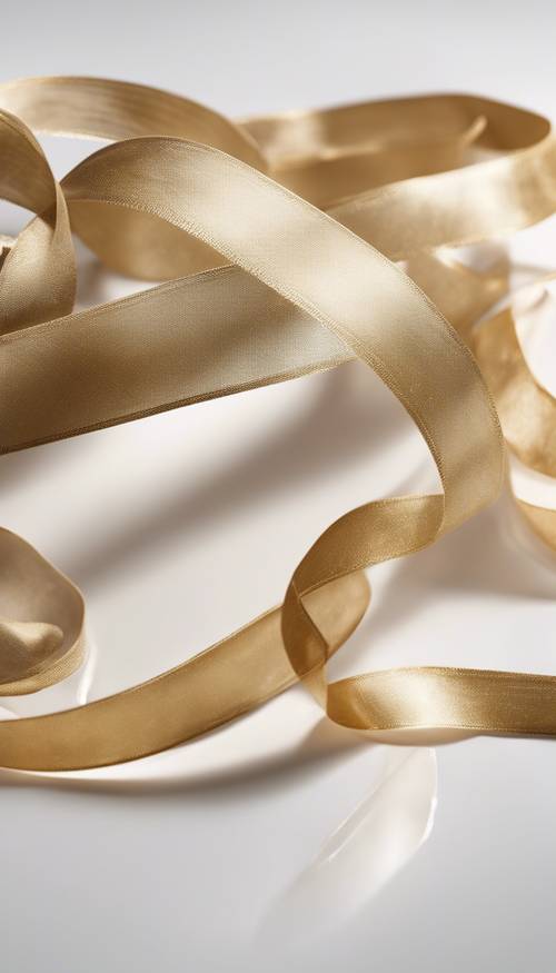 Nastro color oro chiaro arricciato e poggiato su uno sfondo bianco immacolato.