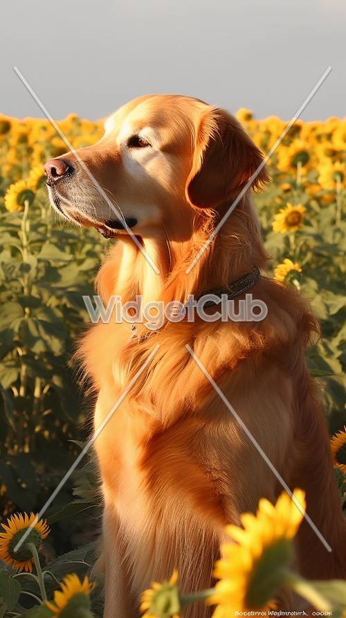 Chú chó Golden trên cánh đồng hướng dương
