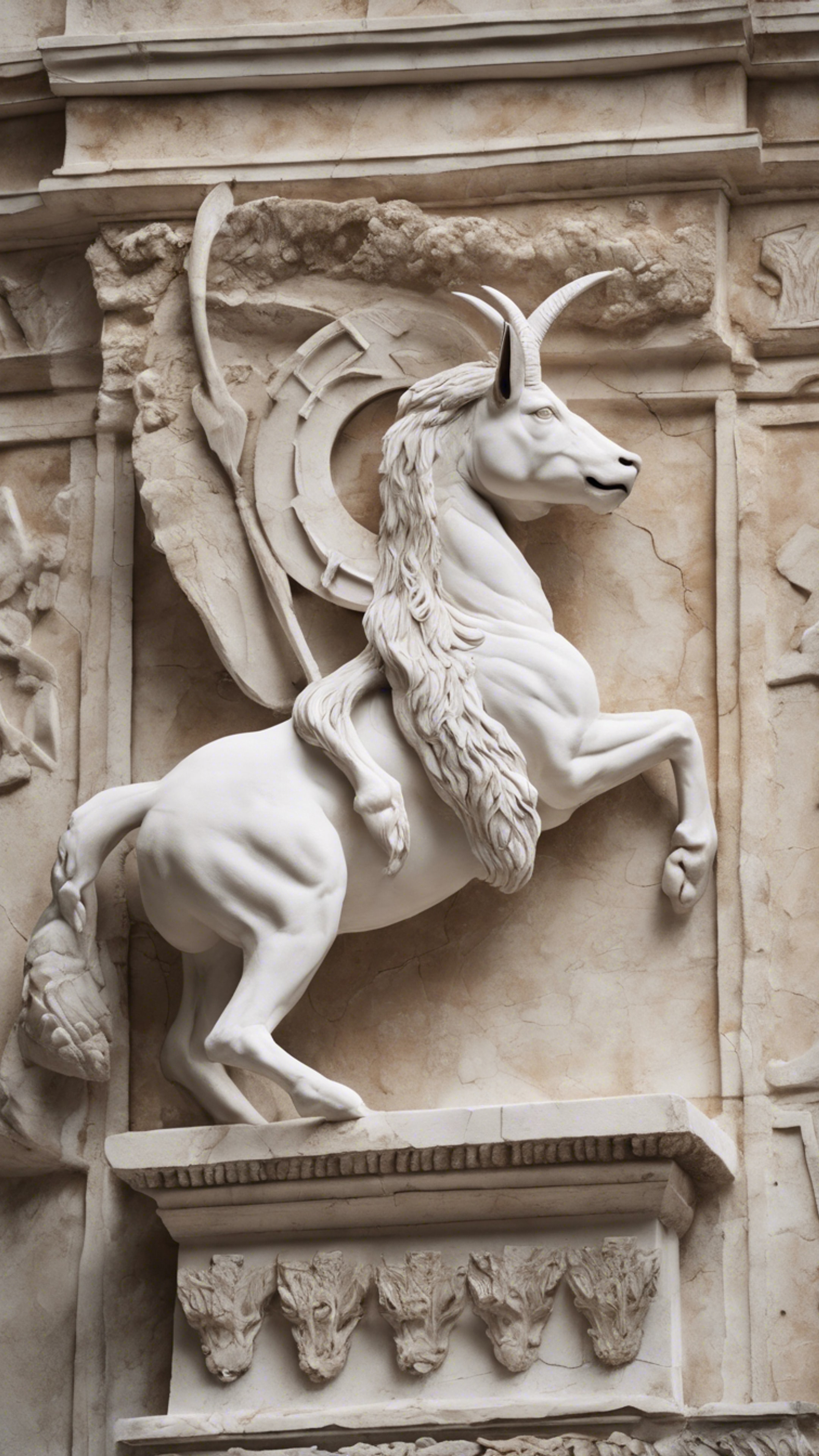 A white marble relief of a Capricorn on an ancient Roman building. Wallpaper[536e80e13e584959845c]