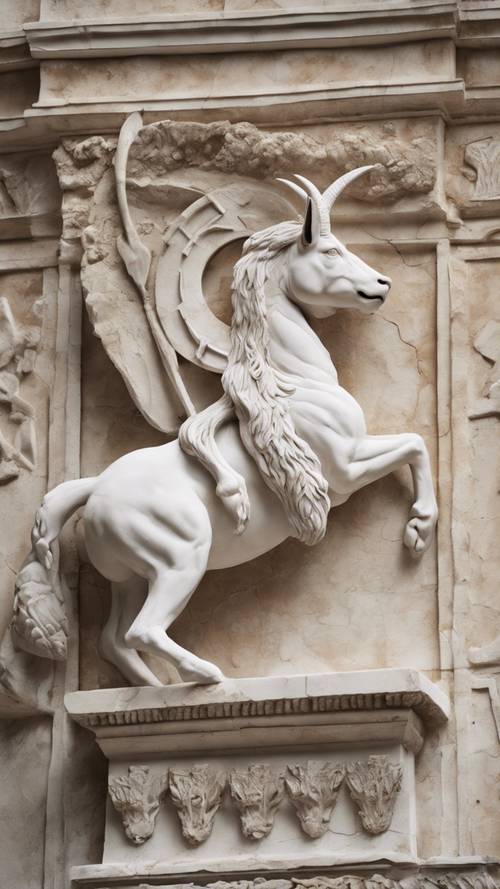A white marble relief of a Capricorn on an ancient Roman building.