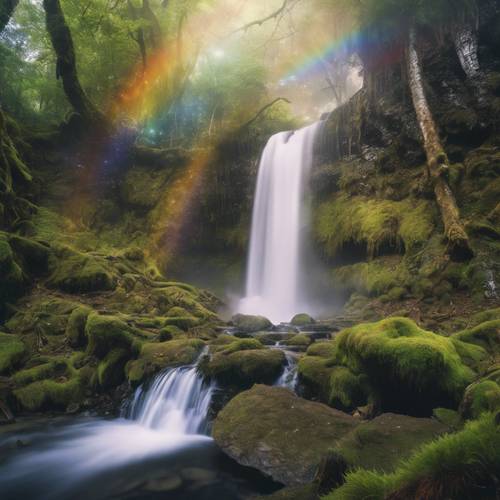 Uma cachoeira cintilante caindo em cascata sobre rochas cobertas de musgo na floresta profunda e encantada, com um arco-íris se formando em sua névoa.