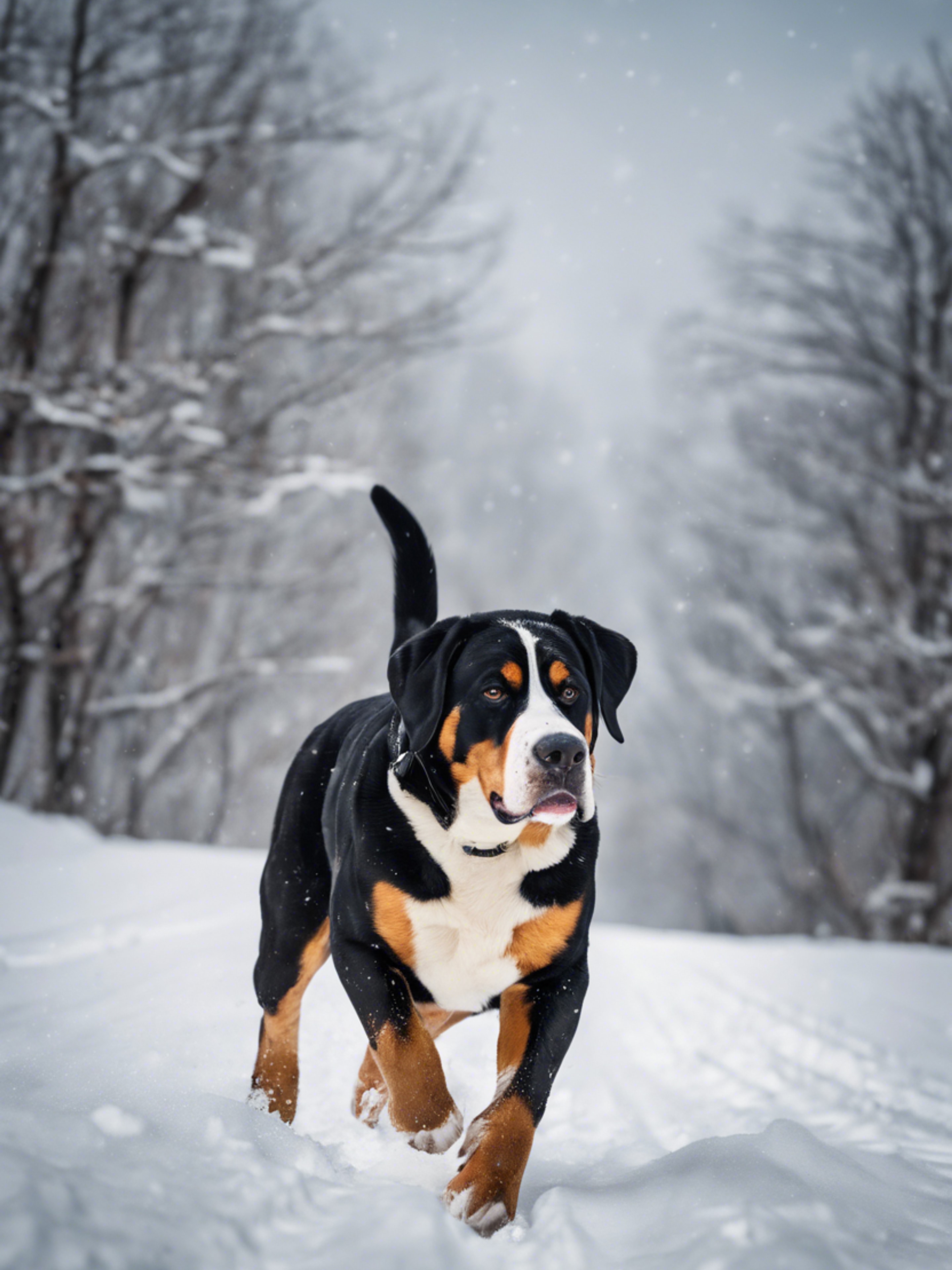 A Greater Swiss Mountain Dog exuding strength, plodding through the deep snow of a picturesque winter landscape.壁紙[21842a68eab04a6db418]
