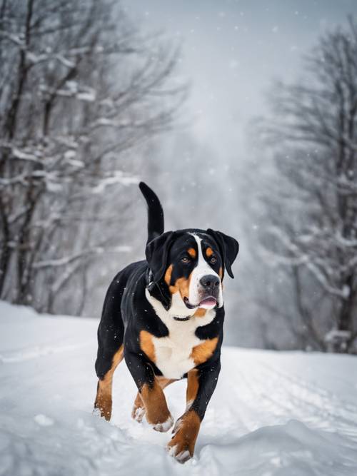 그림 같은 겨울 풍경의 깊은 눈 속을 터벅터벅 걸어가며 힘을 뿜어내는 그레이터 스위스 마운틴 도그(Greater Swiss Mountain Dog).