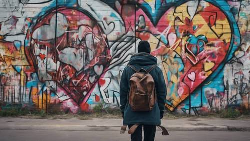 A person walking away from a graffiti drawing of a broken heart.