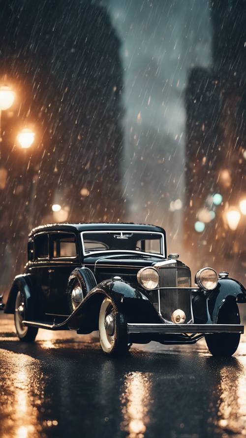 מכונית גנגסטר קלאסית משנות ה-30, שחורה, זורחת תחת אורות העיר הבהירים עם טיפות גשם על פני השטח