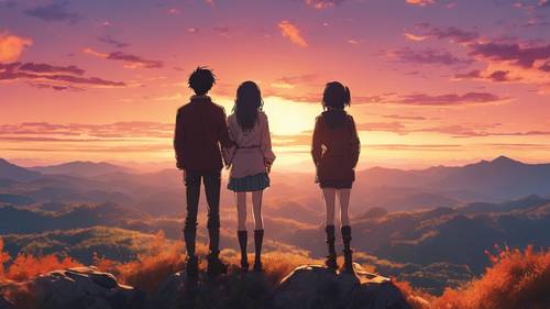 Ein Anime-Paar beobachtet den leuchtenden Sonnenuntergang von einem malerischen Berggipfel aus.