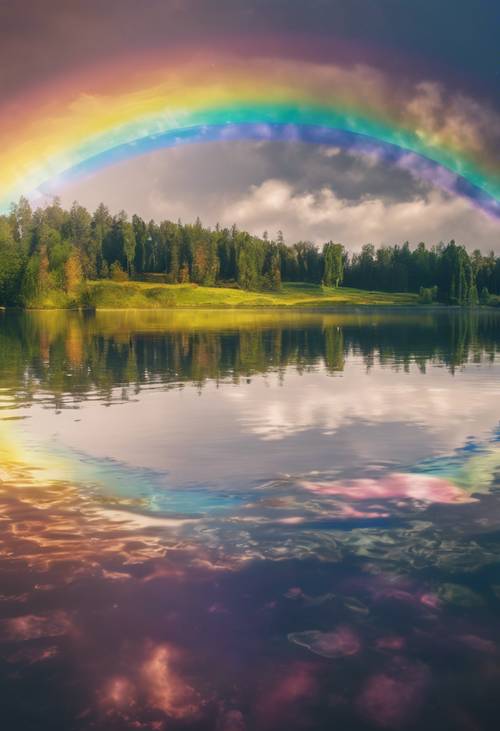 O arco de um arco-íris refletindo perfeitamente em um lago vítreo, criando um espectro circular de cores.