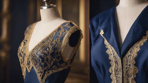 一件饰有金色蕾丝花边的海军蓝色丝绸连衣裙，披在复古人体模型上。