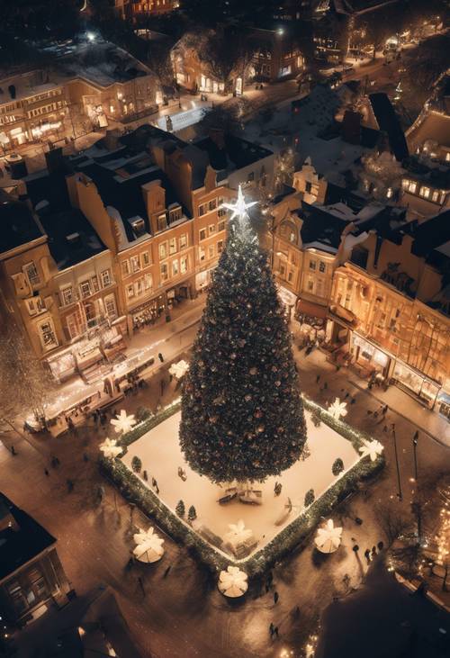 Perspectiva aérea de una plaza de pueblo elegante, iluminada para Navidad con un árbol gigante en el centro.