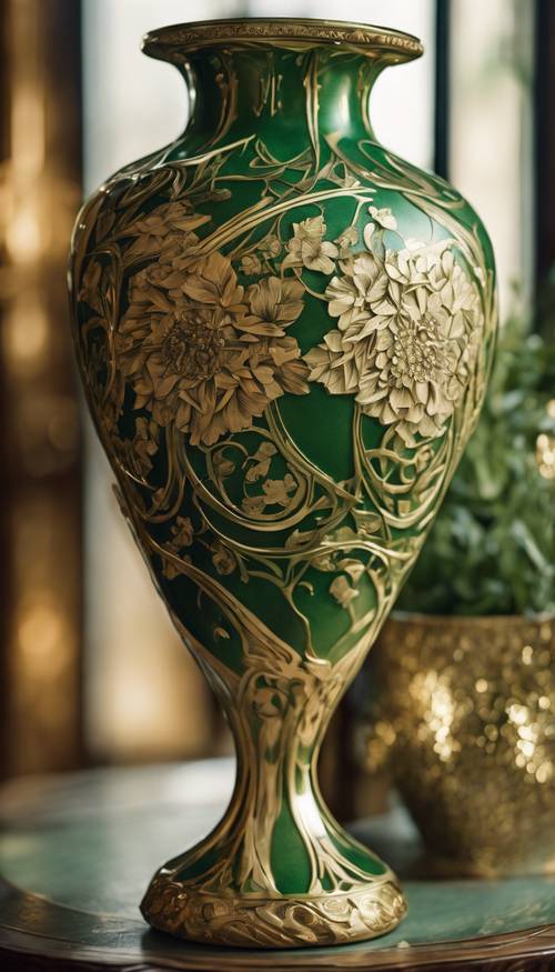 Un vaso alto con intricati disegni floreali in stile art nouveau, che si irradia nei toni del verde e dell&#39;oro su un tavolo sotto una luce soffusa.