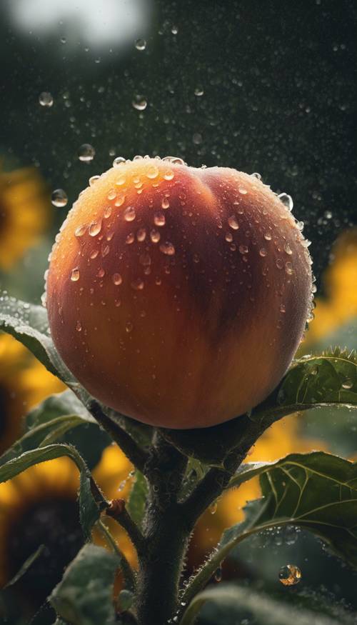 Sebuah chiaroscuro jarak dekat dari buah persik matang dengan tetesan embun dengan latar belakang bunga matahari.