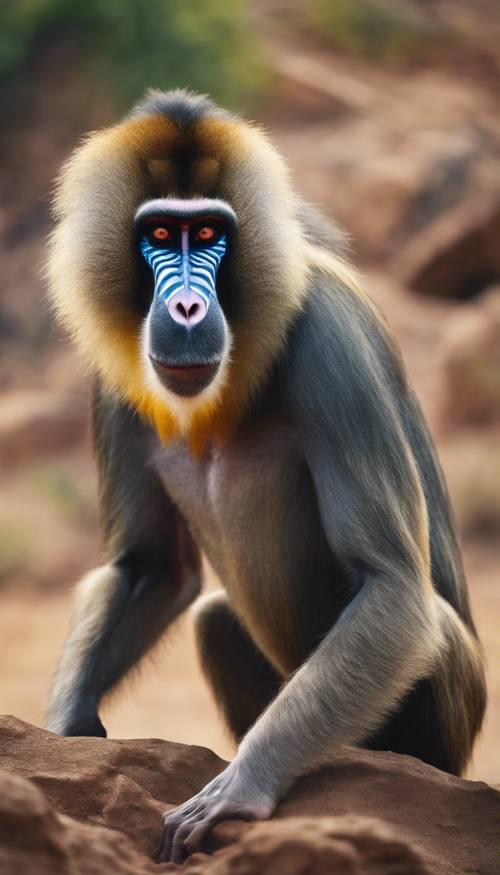 A mandrill displaying his colorful face in an expression of dominance, standing majestically against the backdrop of rugged African terrain.