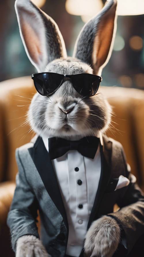 Ein Kaninchen im Smoking und mit Sonnenbrille in einer James-Bond-artigen Szene.