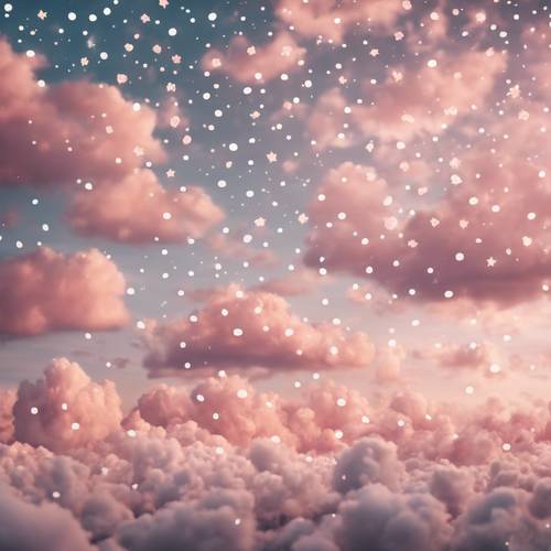 A dreamy pastel sunset filled with cotton candy clouds, whimsical polka dot stars illuminating the sky.