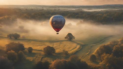 Une montgolfière flottant au-dessus d&#39;un paysage enchanteur à l&#39;aube, le message « Soyez ici maintenant » subtilement tissé dans les motifs du ballon.