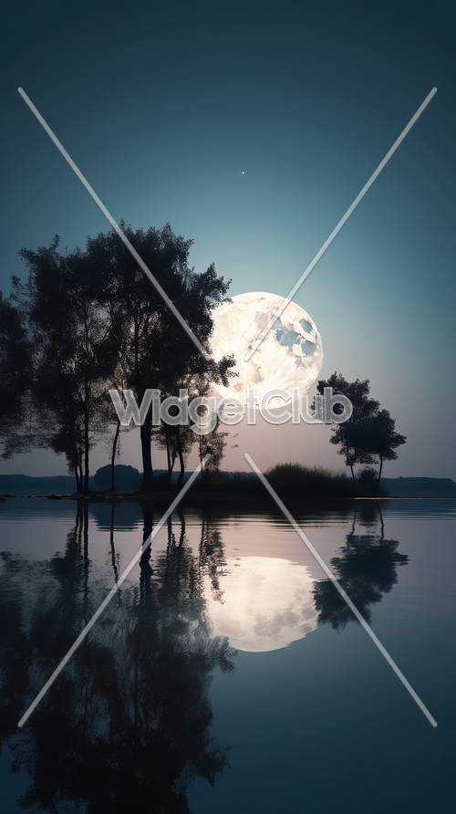 Гигантская луна над спокойным озером