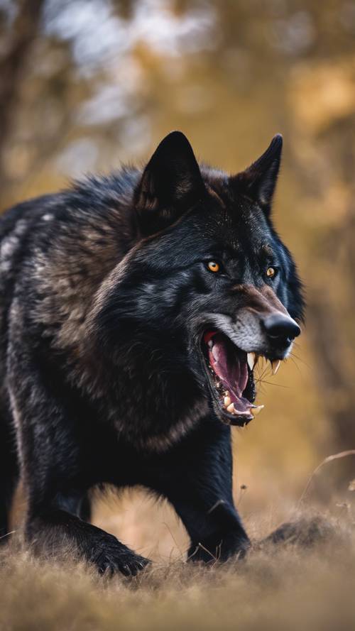 Un lupo nero alfa che ringhia in segno di avvertimento contro un rivale che si intromette nel suo territorio.