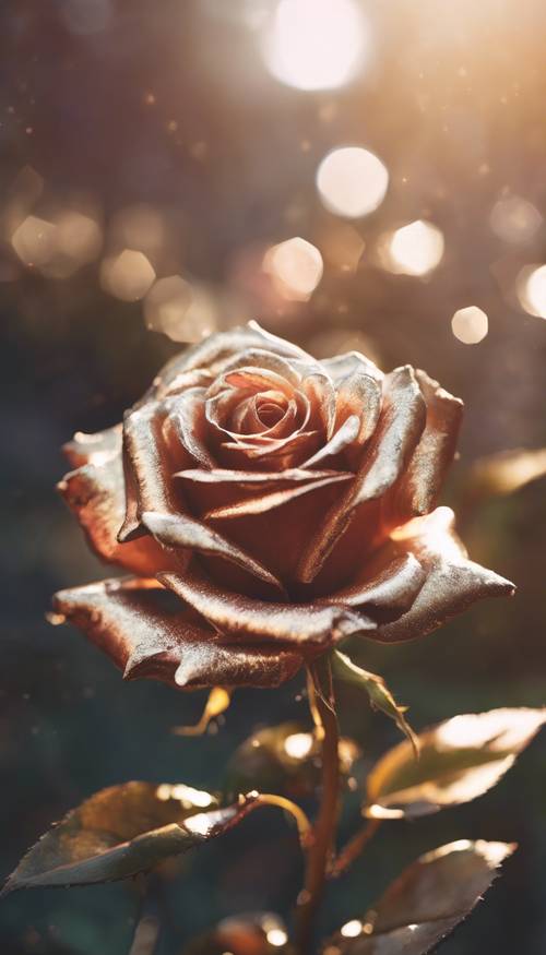 Uma rosa metálica com um brilho brilhante refletindo a luz do sol.