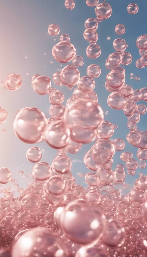 A group of gentle pink bubbles floating in a clear blue sky.