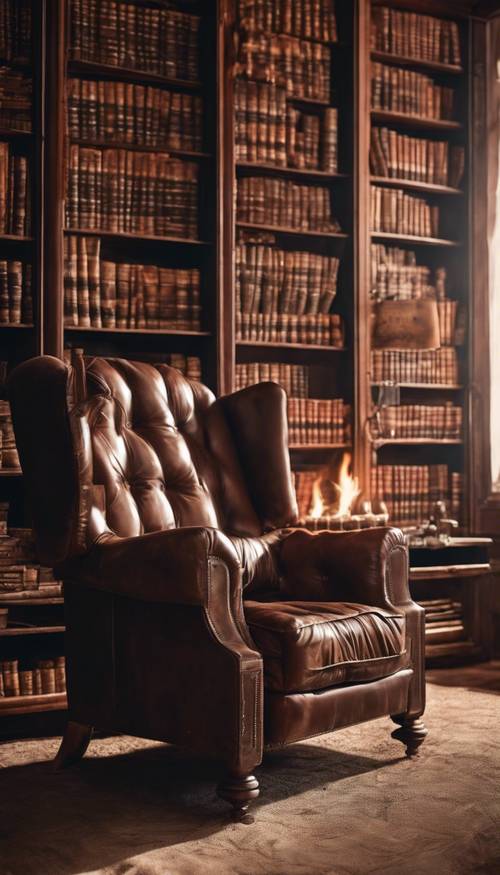 A sunlit room filled with old leather-bound books stacked on antique mahogany shelves, a velvet armchair and a roaring fireplace