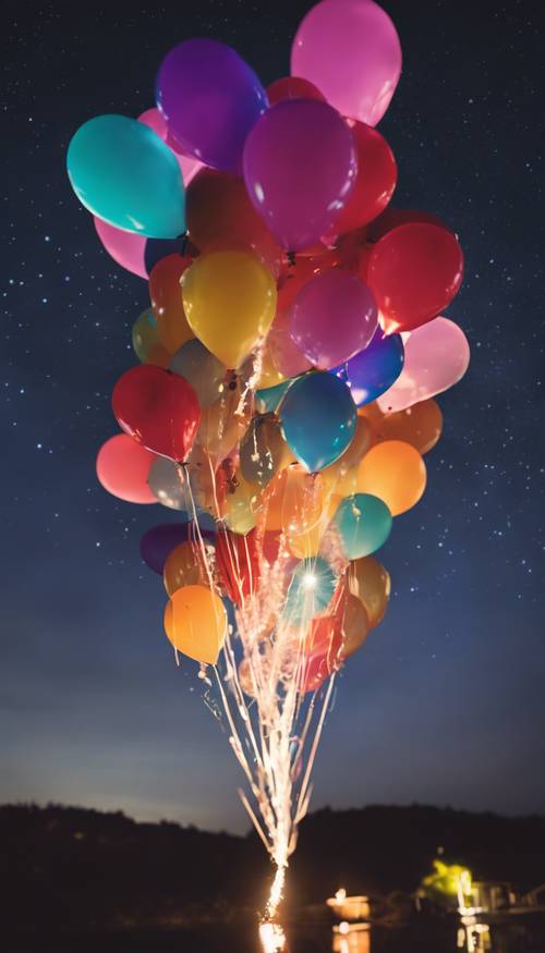 Un grappolo di palloncini colorati che brillano di luci a LED fluttuano nel cielo notturno.