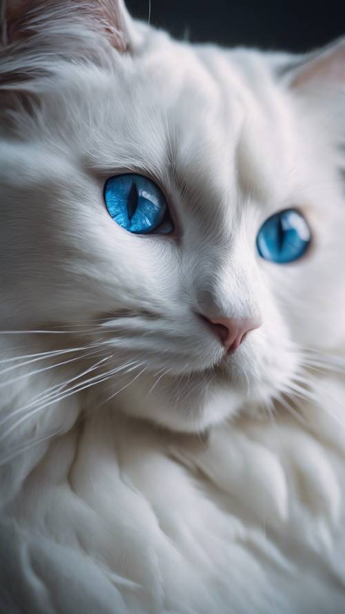 Um close impressionante de um gato Ragdoll branco de olhos azuis, cujos olhos hipnotizantes guardam um universo de segredos.