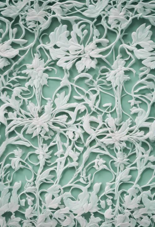 La elegancia del tejido de damasco antiguo en un patrón único con enredaderas y hojas, todo en suave menta y blanco.