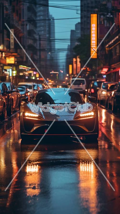 Regnerische Nacht in der Stadt mit futuristischem Sportwagen