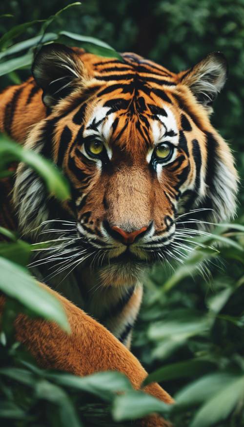 一幅引人注目的老虎狩獵中的肖像，其明亮的橙色和黑色條紋在周圍的綠色叢林中閃閃發光