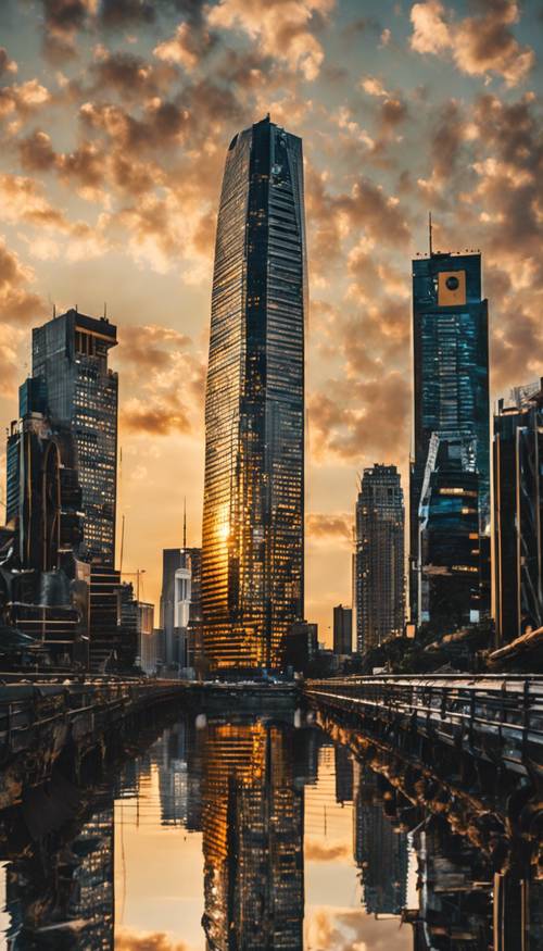 Eine Weitwinkelansicht der Skyline einer modernen Stadt, die vom Sonnenuntergang in Schwarz- und Goldtöne getaucht wird. Der höchste Wolkenkratzer weist kräftige Streifen in denselben Farben auf.