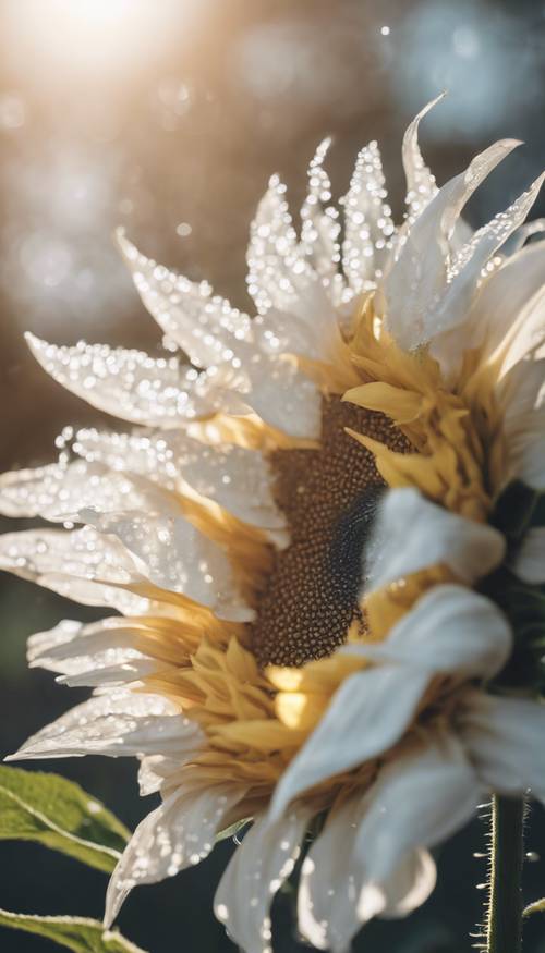 صورة مقربة لزهرة عباد الشمس البيضاء مع قطرات الندى على بتلاتها. ورق الجدران [3d8fbdefc8044c619e29]