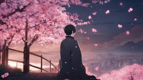 Seorang vampir anime dengan sedih menatap bunga sakura yang berjatuhan, di bawah sinar bulan.